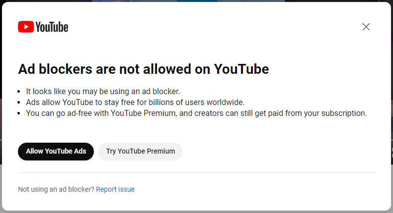 YouTube почав блокувати блокувальників реклами