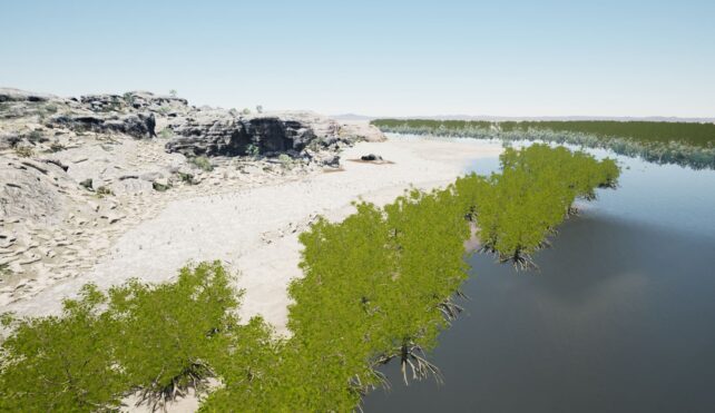 Візуалізація стародавнього ландшафту зі скелями з пісковика та прилеглими мангровими лісами.