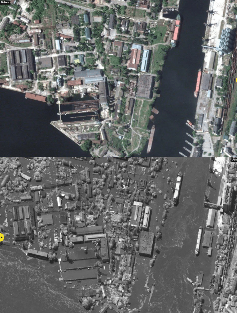 Опубліковано супутникові знімки Херсонської області до та після руйнування Каховської ГЕС