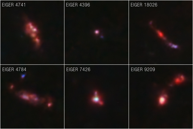 Незважаючи на свою нечіткість, ці зображення показують надзвичайно детальні види галактик у ближньому інфрачервоному діапазоні, які існували, коли Всесвіту було лише 900 мільйонів років. (NASA, ESA, CSA, Simon Lilly (ETH Zürich), Daichi Kashino (Nagoya University), Jorryt Matthee (ETH Zürich), Christina Eilers (MIT), Rob Simcoe (MIT), Rongmon Bordoloi (NCSU), Ruari Mackenzie (ETH Zürich); Обробка зображень: Алісса Паган (STScI), Руарі Макке)

