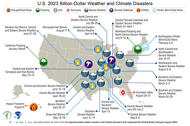 карта США, де відображаються місця та подробиці стихійних лих 2023 року