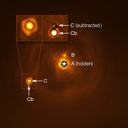 Зображення системи, де А&nbsp;— це блакитний надгігант, В&nbsp;— коричневий карлик, а С&nbsp;— червоний карлик, навколо якого виявили планету Сb.ESO/A. Chomez et al.