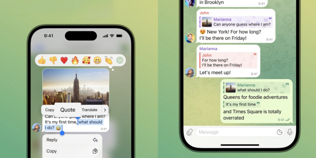 У Telegram додали відповіді на частину повідомлення і перемотування історій