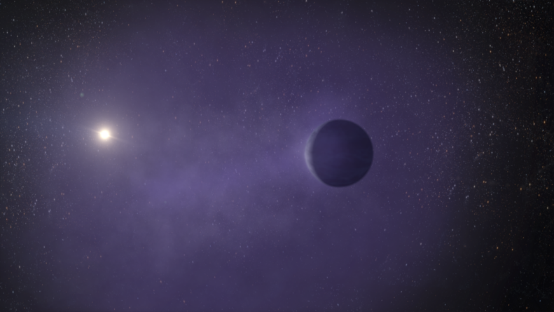 Скеляста планета, оточена фіолетовим серпанком і зіркою вдалині ліворуч