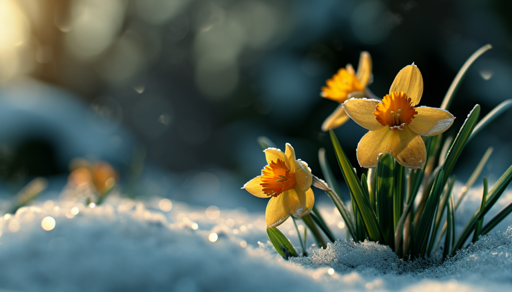 Весняні квіти вкриті снігом: