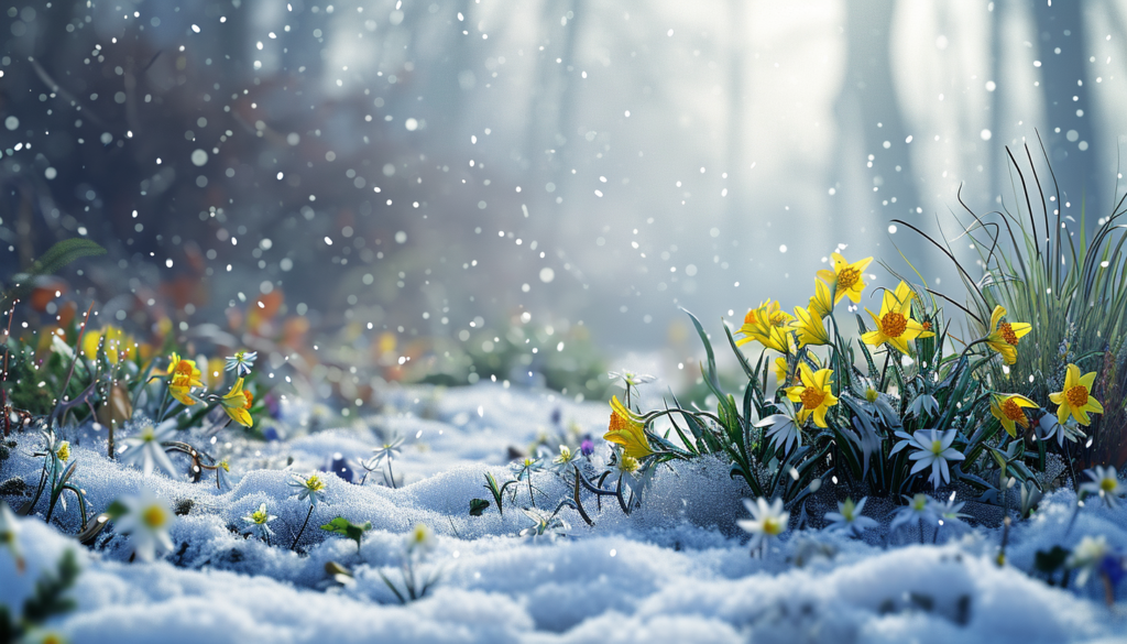Весняні квіти вкриті снігом: