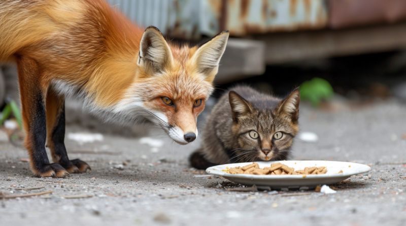 На відео потрапила лисиця, яка нахабно краде їжу у кота