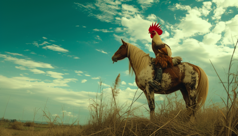 Півень осоромився, спробувавши «осідлати» коня (Відео)