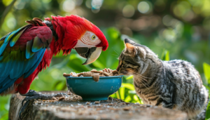 Безстрашний папуга побився з котом за миску з їжею (Відео)