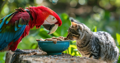 Безстрашний папуга побився з котом за миску з їжею (Відео)