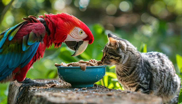 Безстрашний папуга побився з котом за миску з їжею (Відео)
