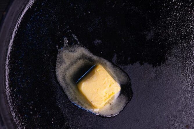 A hot pan melting butter that was creating using the newly refined chemical processes.