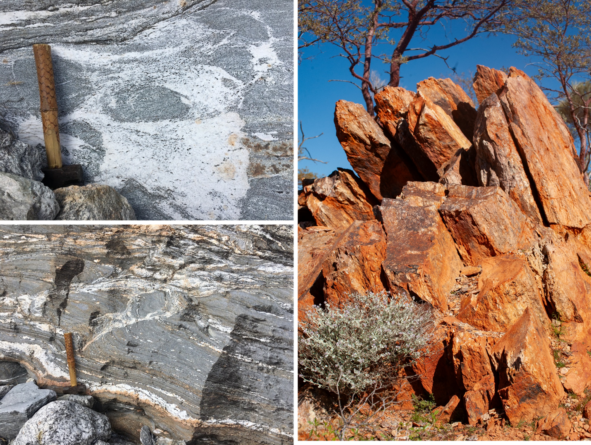 Magma melt incorporating sediment (“S-type” granite) from the Himalaya (left) and the discovery site of the Jack Hills zircon in Western Australia (right).