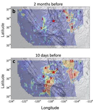 Коливання з низькою магнітудою в Каліфорнії за 2 місяці та 10 днів до землетрусу. Червоний колір позначає ділянки з найбільшою інтенсивністю коливань. Girona &amp;amp; Drymoni / Nature Communications, 2024