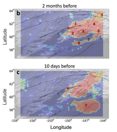 Коливання з низькою магнітудою на Алясці за 2 місяці та 10 днів до землетрусу. Червоний колір позначає ділянки з найбільшою інтенсивністю коливань. Girona &amp;amp; Drymoni / Nature Communications, 2024